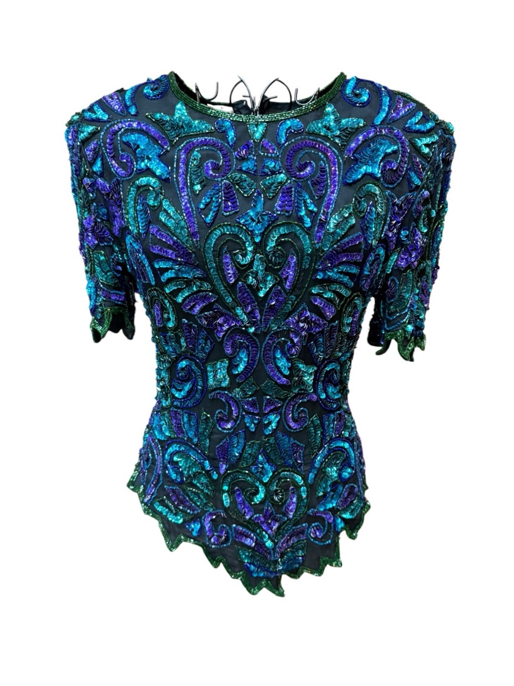 Laurence Kazar Silk Teal and Purple Beaded Embellished Blouse Medium